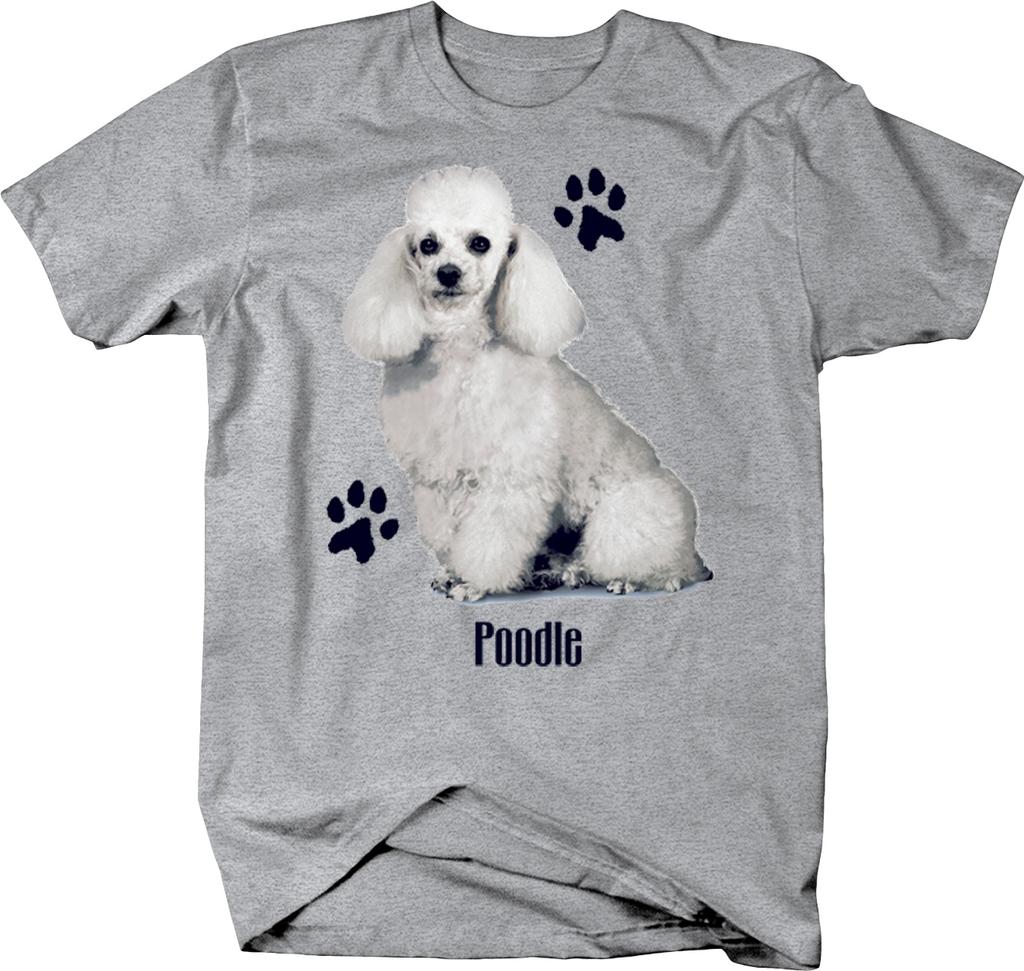 Симпатичная белая собака-пудель сидит с отпечатками лап на футболках унисекс на заказ
