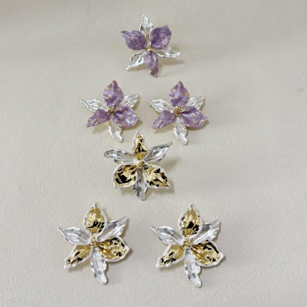 1 pair Luxury Enamel Iris Earrings Zinc Zinc Alloy Metal Flower Ear Studs Golden and Silver Earrings Banquet