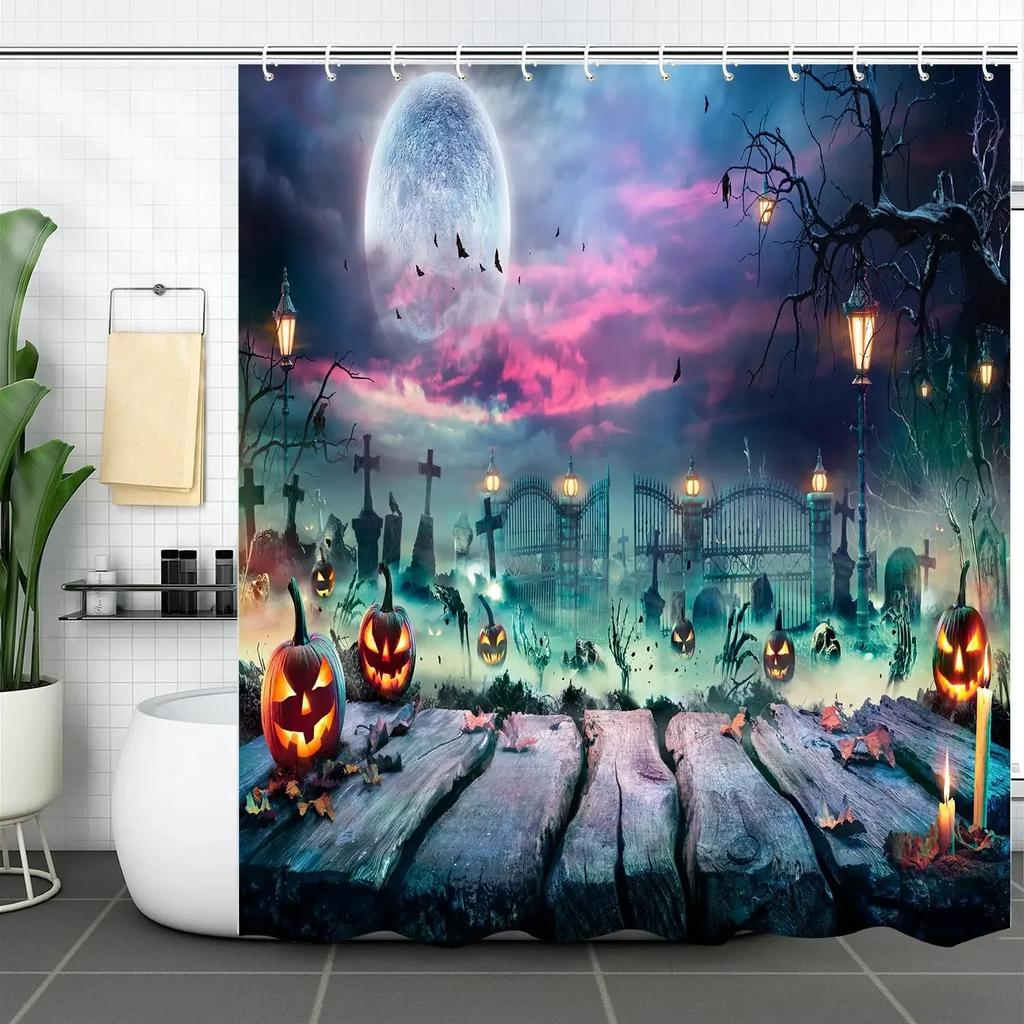 Halloween Skull Shower Curtains Crow Spooky Forest Pumpkin Castle Moon Black Bats Horror Night Bathroom Decor Fabric with Hook