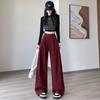 Ретро красные джинсы для женщин Осень Новые с высокой посадкой Прикрывающие бедра и стройнящие Дизайн Прямые брюки в пол