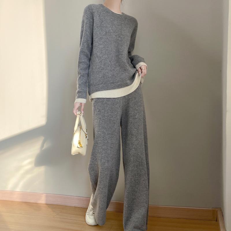 Women's 100% Wool Suit: Stylish Two-Piece Autumn/Winter Versatile Sweater & Pants Set