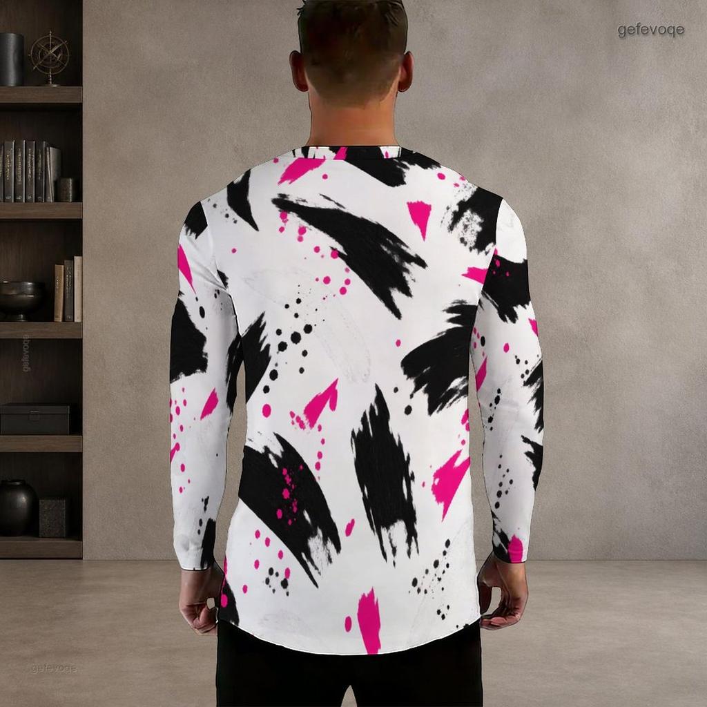Men s Plus Size Notch Neck Long Sleeve Blue White Abstract Wave Printed Pullover Shirt