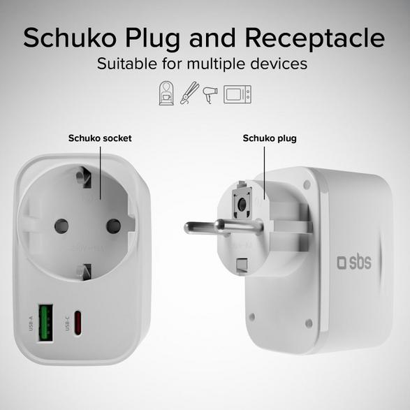 Sbs 20w wall charger with socket usb-a usb-c white