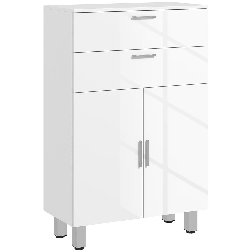 Bathroom cabinet with 2 drawers double-door cupboard and adjustable shelves 60 x 30 x 93 cm glossy white