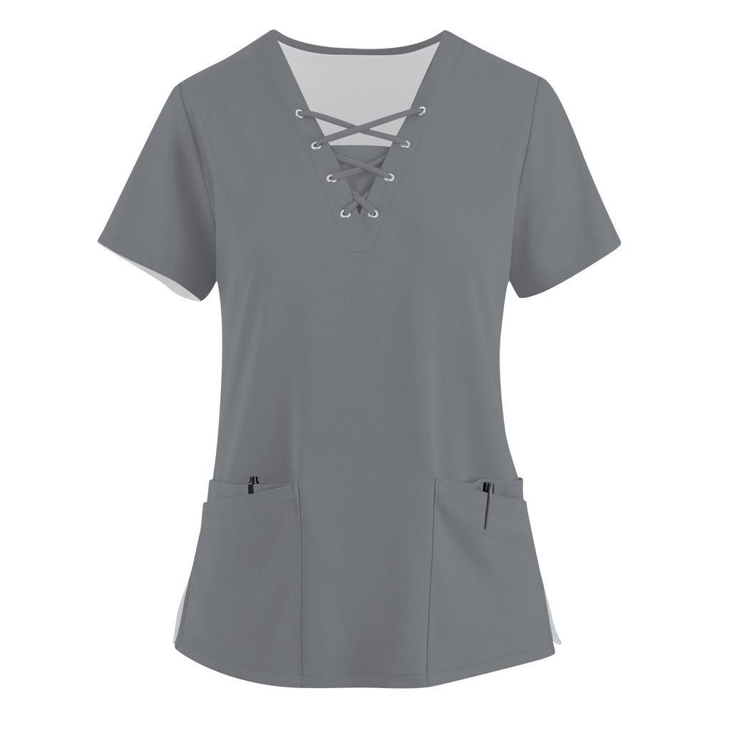 Shortsleeved Womens Vneck Work Fashionable Clothes With Drawstrings And Pockets Solid Color Tops And Protective Clothing