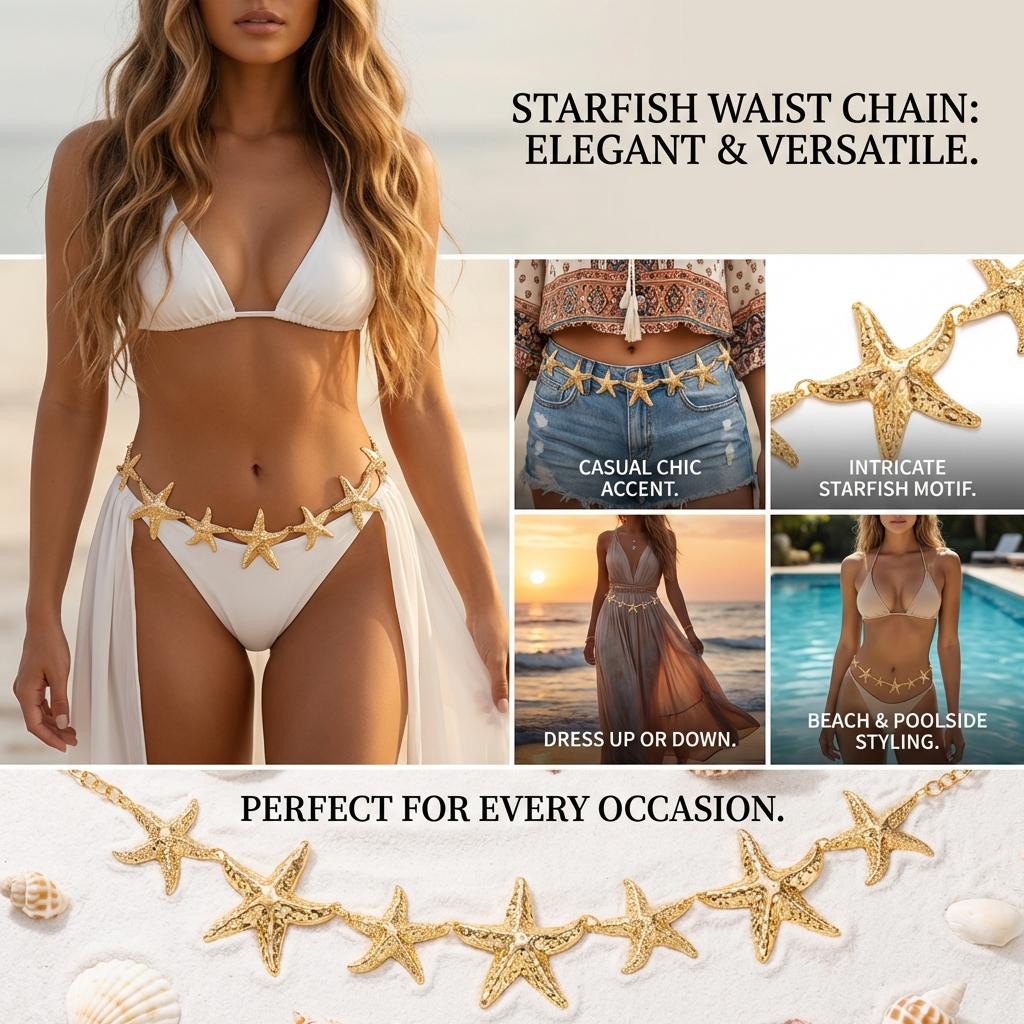 Summer Trend Gold Color Starfish Waist Chain for Women Adjustable Metal Belly Body Chains Sexy Bikini Beach Accessories Jewelry