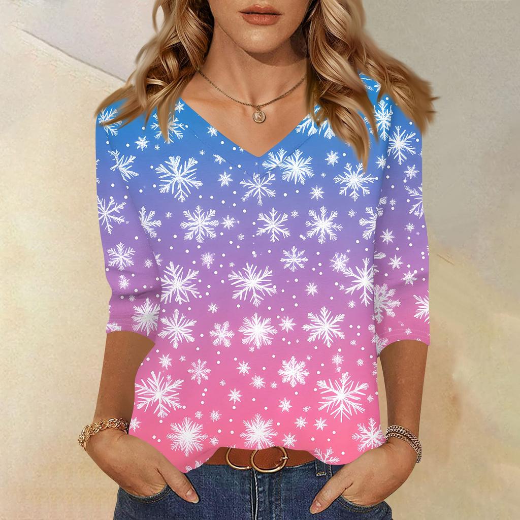 Women's T Shirt CHristmas Print 3/4 Sleeve Daily Weekend Fashion Basic V- Neck Regular Top