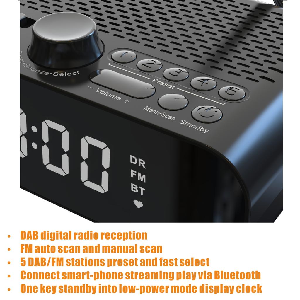 Цифровые прикроватные DAB/FM-часы-радио с функцией потоковой передачи данных по Bluetooth, большим светодиодным дисплеем, двойным будильником, длительной работой