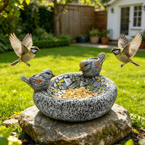 Bird Feeder Resin Garden Birdbath Bowl with Waterproof Design Hand-Painted Stone Texture Decorative for Outside Yard Table