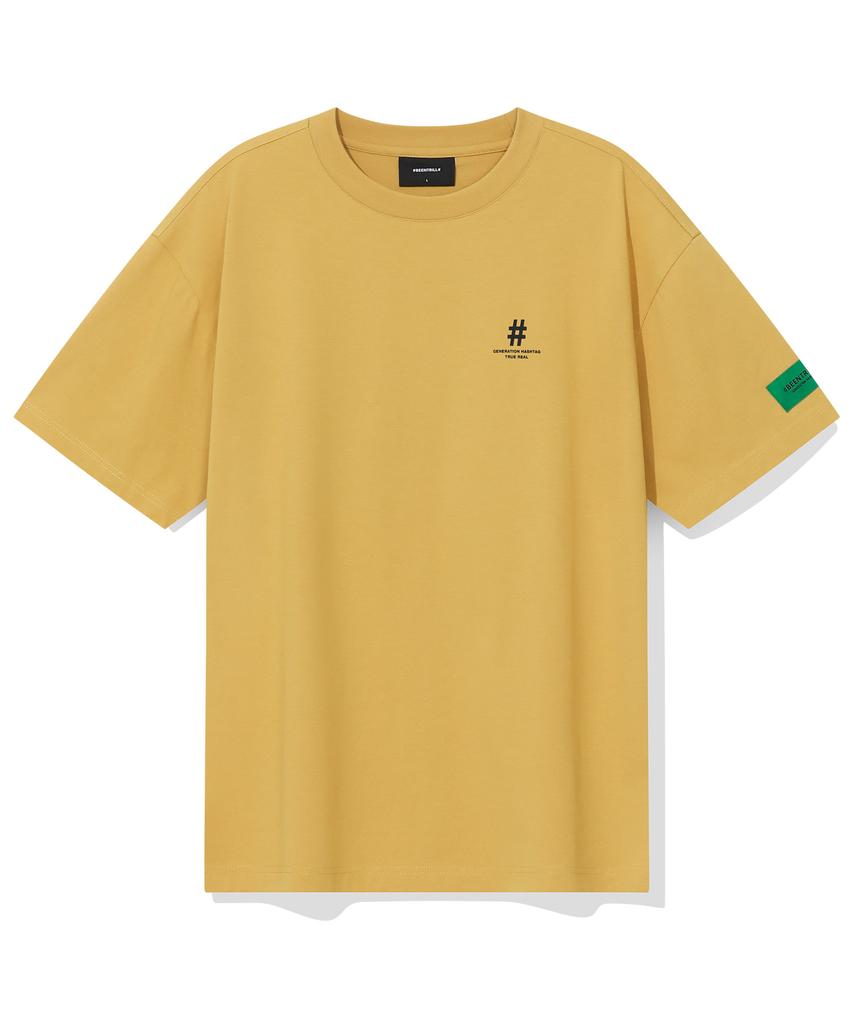 BEENTRILL Зеленая футболка оверсайз с коротким рукавом и хэштегом Green Taping (горчичный)