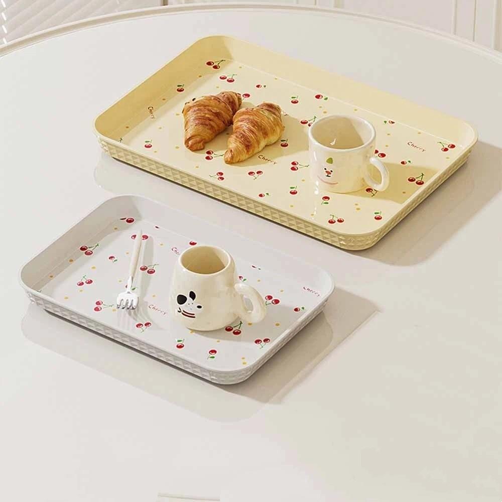 Cherry Pattern Rectangular Storage Tray Stackable Lightweight Plastic Dessert Tray Durable Anti-Slip Serving Tray