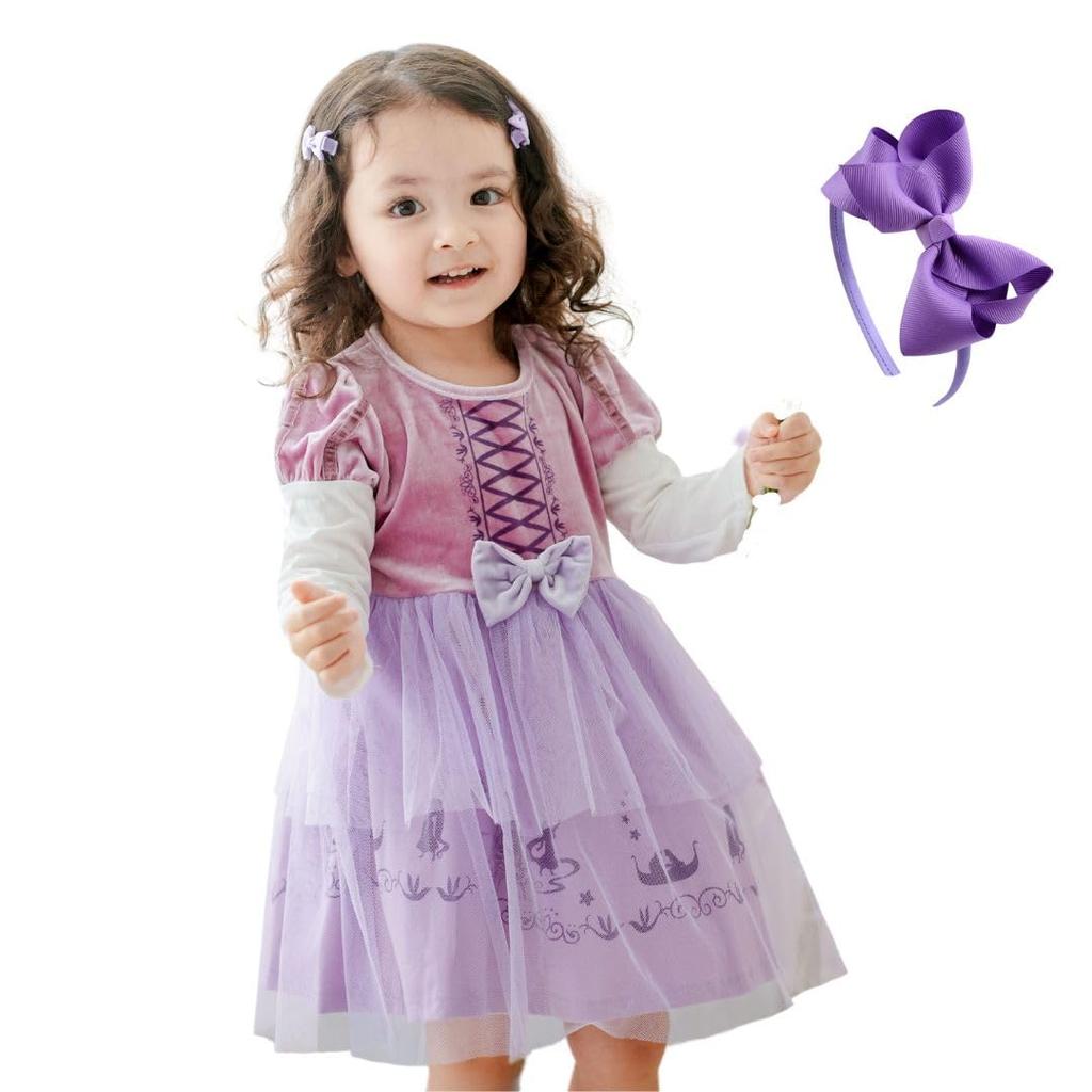 MANAMANA Платье принцессы с длинным рукавом, включает платье размера 110 см, детское платье, Рапунцель, повязку на голову, набор из 2 предметов, осень/зима