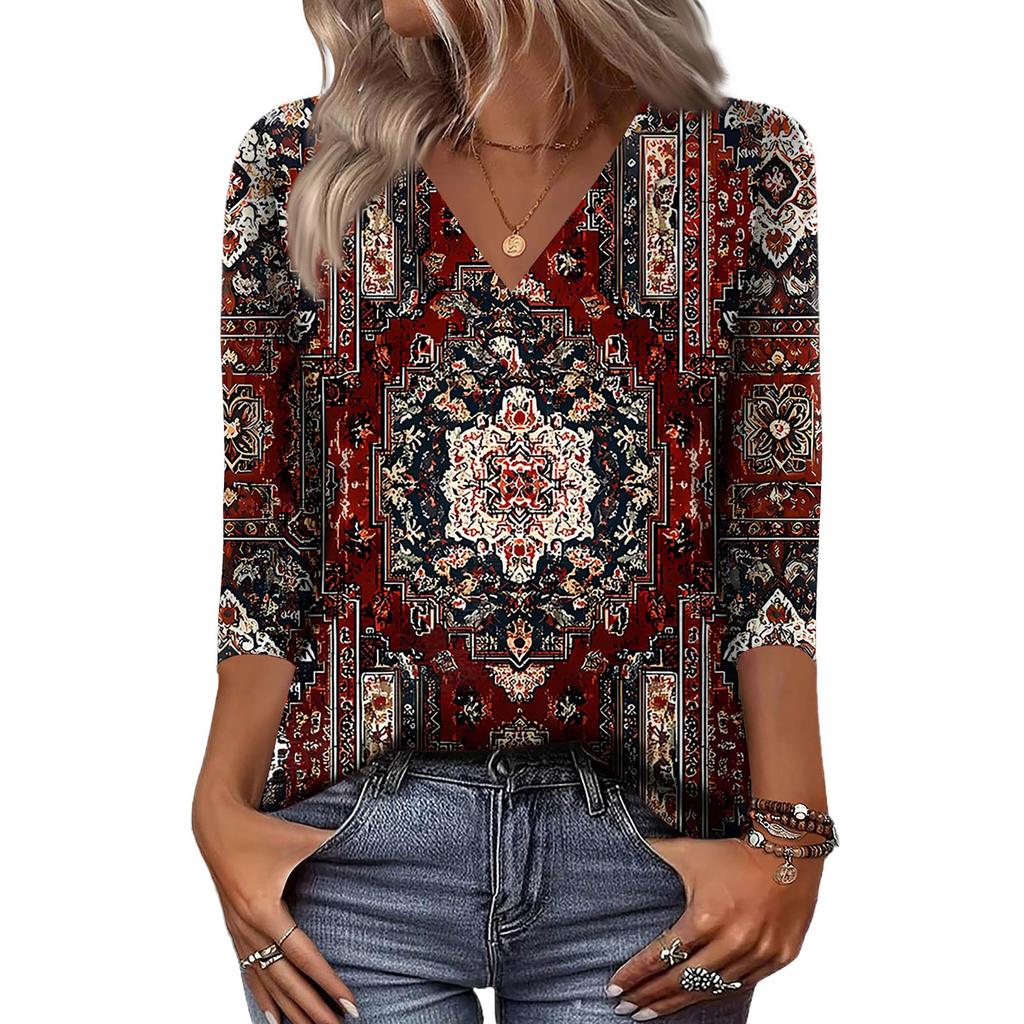 Женские рубашки с рукавом 3/4, топы с принтом и V-образным вырезом, повседневные топы, базовые футболки, блузки, свободные топы