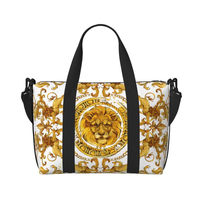 Golden Lion Baroque Pattern Travel Duffel Bag Personalized Weekender Overnight Bags with Shoulder Strap Unisex Sports Gym Bag