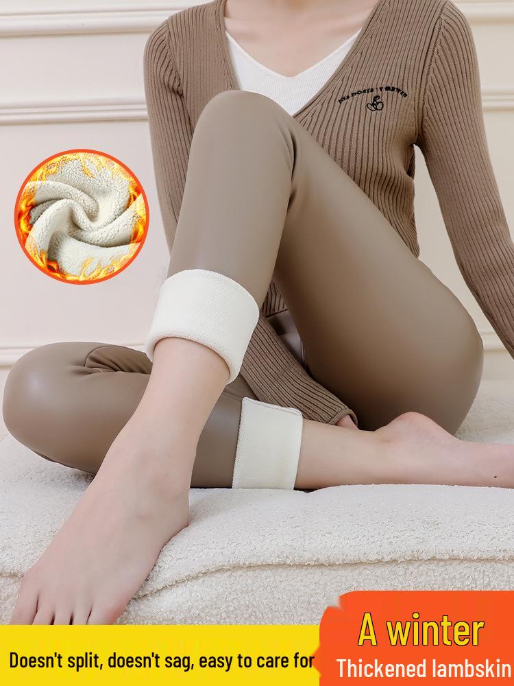 Женские кожаные брюки с высокой талией и подкладкой из флиса из овечьей шерсти: Утягивающие, Ветрозащитные, Теплые леггинсы