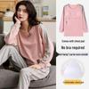 Women's Pajama Set with Chest Pad - Long Sleeve, Long Pants, Plus Size, Casual Homewear for Spring, Autumn, Winter