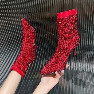 Мода Роскошные блестящие ботильоны женские на высоком каблуке блестящие сексуальные туфли с острым носком женские 2024 тренд элегантное вечернее платье челси Botas Mujer