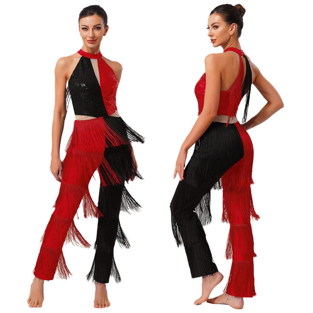 S-XXL Женский комбинезон для латиноамериканских танцев в стиле диско 70-х с пайетками и бахромой, контрастный по цвету, цельный