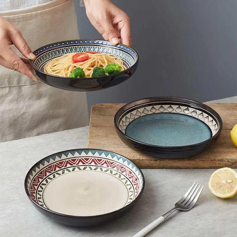 Простая керамическая тарелка в скандинавском стиле с резьбой и косточками, домашнее блюдо, тарелка для стейка, темно-зеленая тарелка для салата, диск