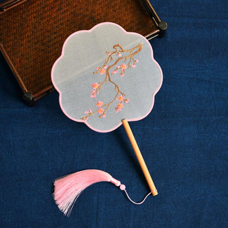 Circular Round Hand Fan, Chinese Traditional Art Embroidery, Classical, Ancient Costume, Han Fu Cheongsam with Long Handle