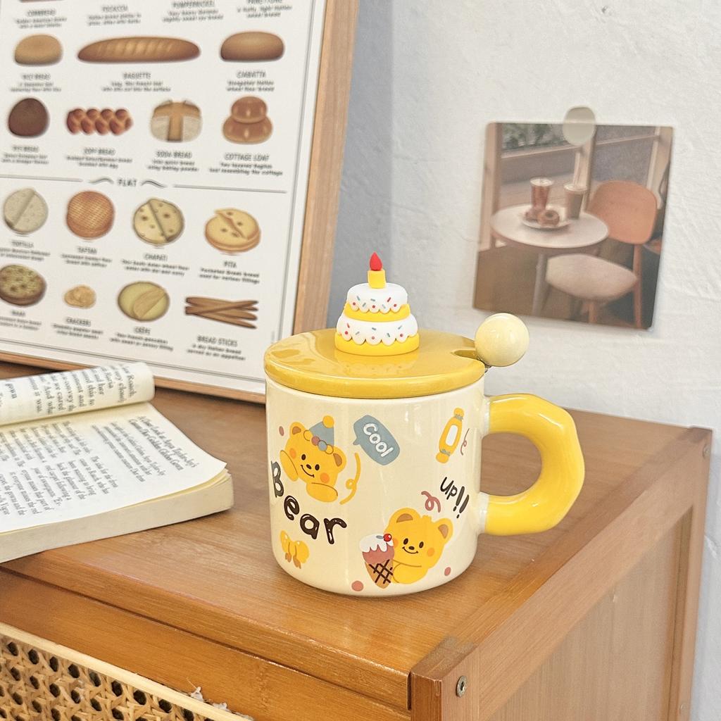 Cartoon Cute Bear Birthday Gift Ceramic Cup with Cover for Girls High Looking Home Mug Couple Souvenir