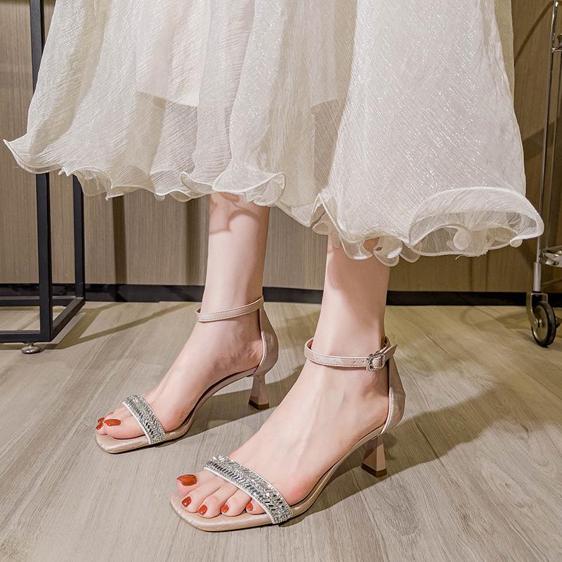 Square head with sandals women's thin heels sexy 2025 new summer silver skirt fairy style open-toed high heels