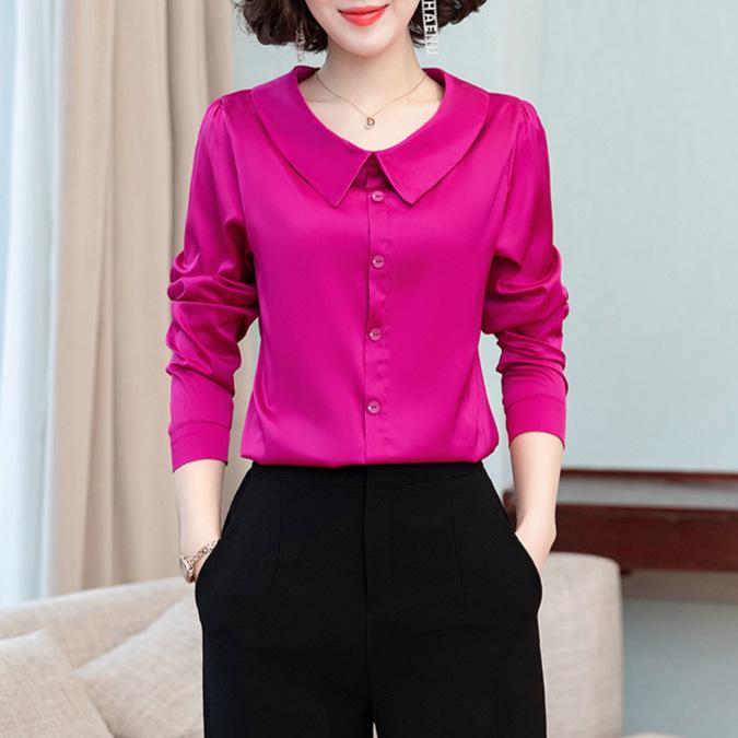Новая осенняя рубашка с длинными рукавами из сатина с кукольным воротником для женщин, красная универсальная модная рубашка