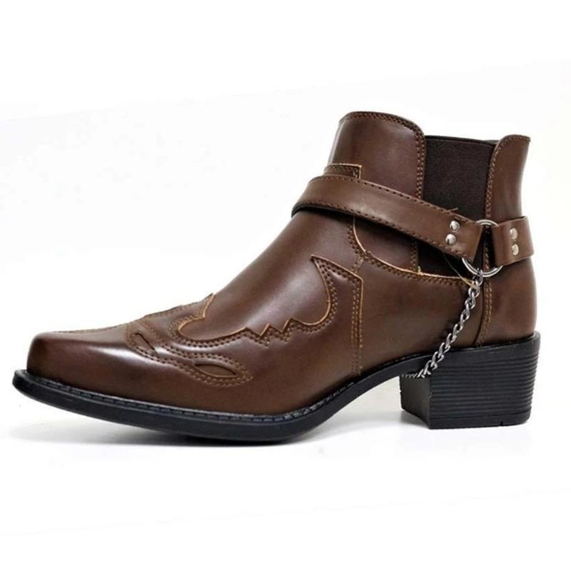 Autumn Trendy New Short Boots Men's Fashion Retro Cowboy Boots Leather High Top Chain Buckle Shoes Pointed Toe Non Slip Boots