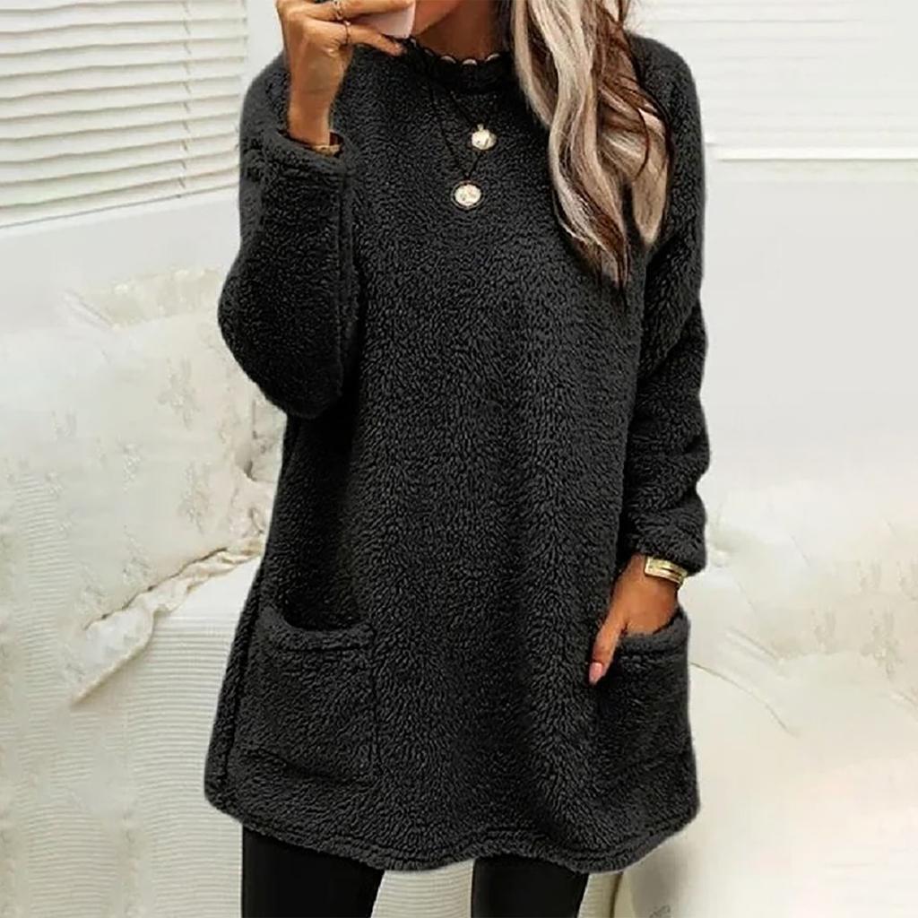 Autumn And Winter Women's Solid Color Round Collar Casual Loose Long Sleeve Pocket Plush Sweatshirt Women