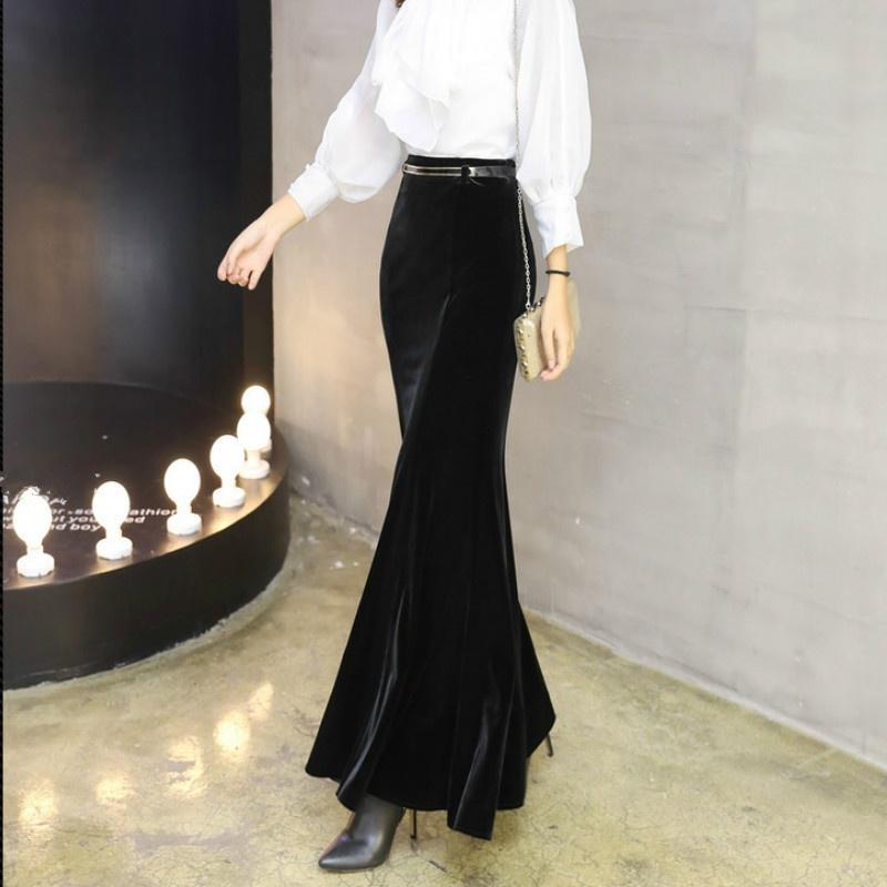 Женская бархатная юбка-русалка с рыбьим хвостом, длинная макси-облегающая черная винтажная юбка