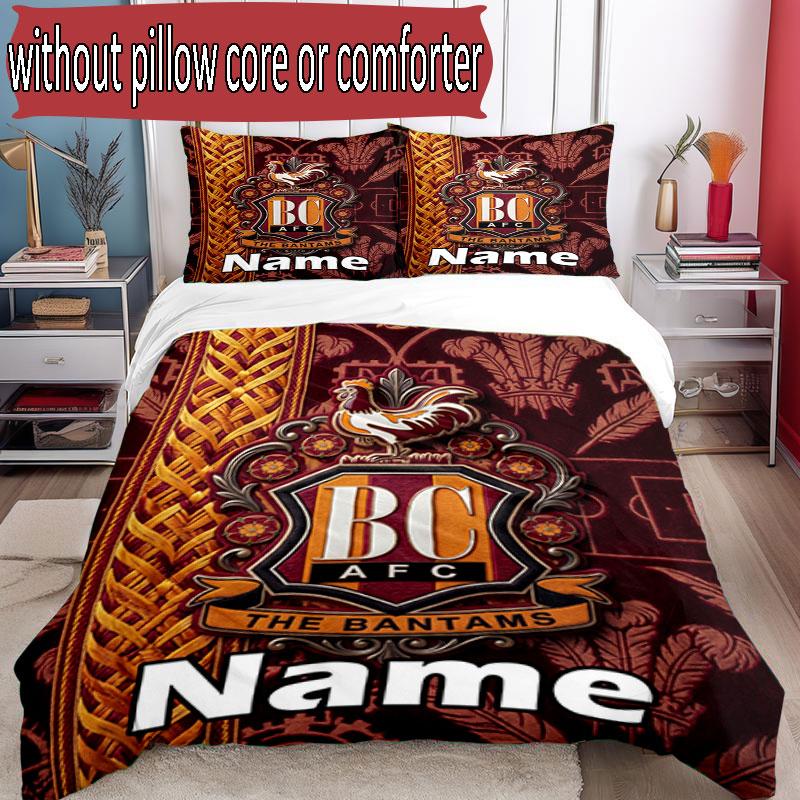3pcs Duvet Cover Set (1*Duvet Cover + 2*Pillowcase, Without Core), Custom Name Bradford City AFC Pattern Bedding Set, Home Bedroom Decor Gift