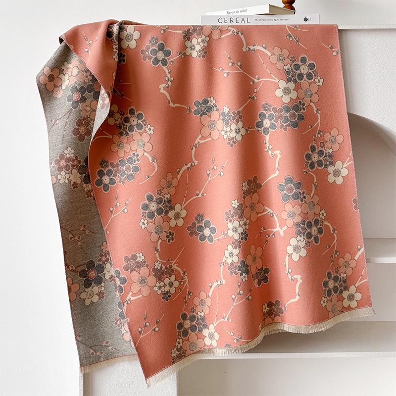 Retro Elegant Plum Blossom Imitation Cashmere Scarf Women'S Thickened Double-Sided Cold Protection Outside With Winter Shawl Office Cape