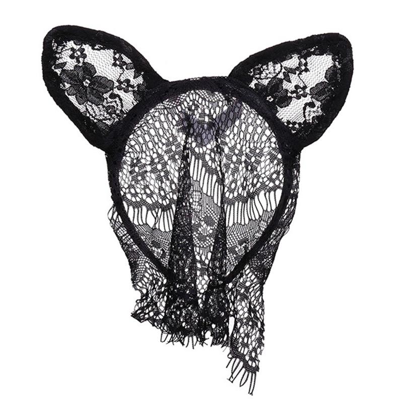 Sexy Lace Cat Ears Veil Headbands Black Hairbands Eye Mask Anime Cat Girl Cosplay Hair Accessories For Women Girls Christmas