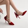 Red Wedding Shoes New Pointy Stiletto High Heels Female Shallow Mouth Bow Pearl One Word Buckle Strap Two Wear Bride Shoes