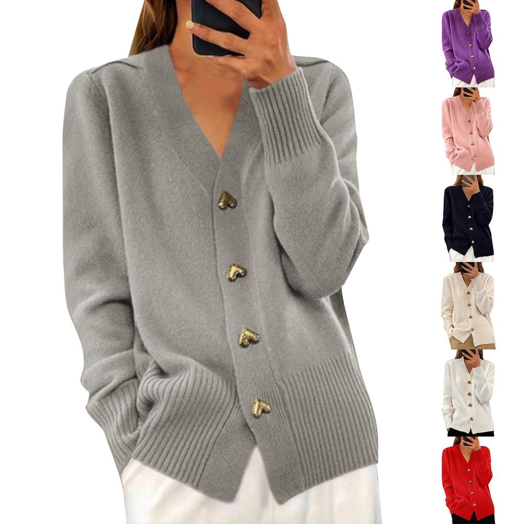 Women's Fashion Solid Color Long Sleeve V-Neck Knit Cardigan Button Sweater Jacket