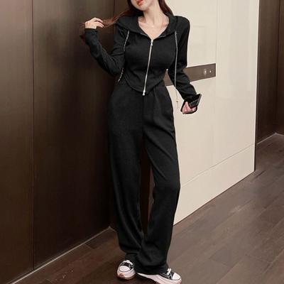 Спортивный костюм, женский весенне-осенний новый кардиган с длинными рукавами, нестандартная толстовка с высокой талией, повседневные широкие брюки, комплект из двух предметов