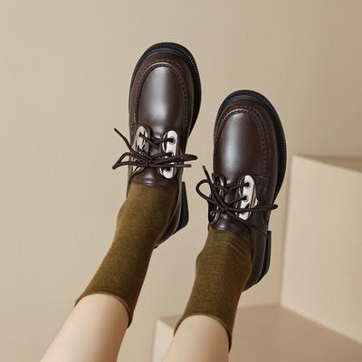 Модная женская новая весенне-осенняя обувь с круглым носком, толстой подошвой, металлической шнуровкой, средним каблуком, большая оксфордская рабочая обувь в ретро-стиле, одинарная обувь