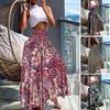 Women Maxi Skirt High Waist Wide Elastic Waist A-Line Retro Printed Skirt Loose Fit Long