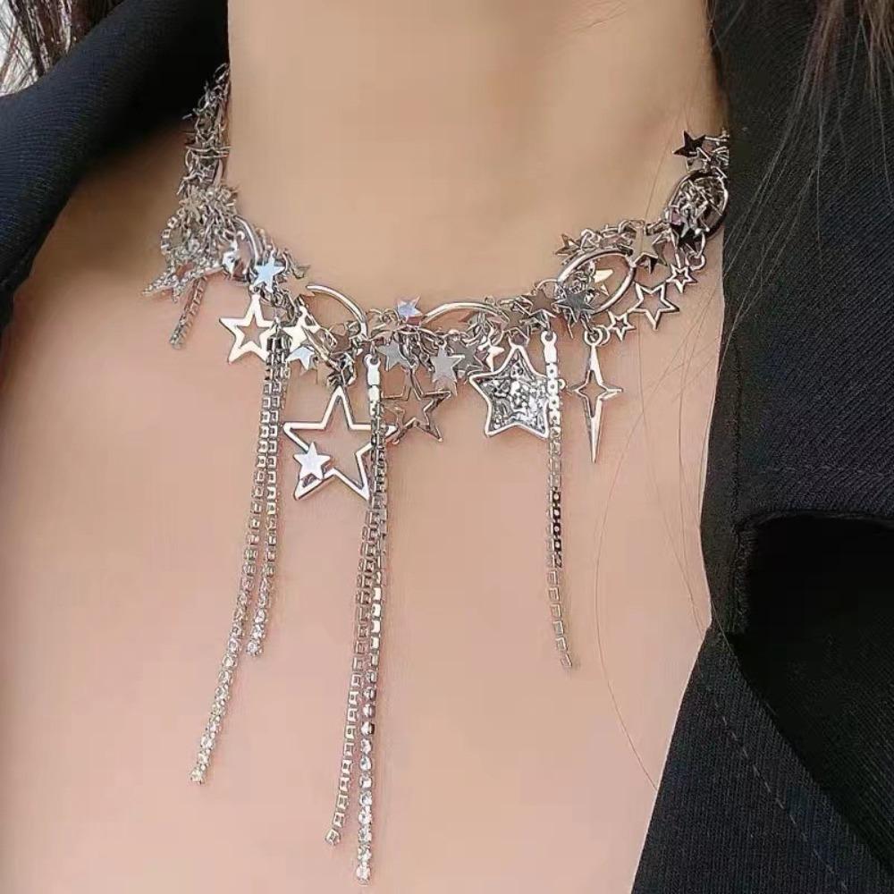 Electroplating Fashion Inlaid Rhinestone Necklace Alloy Charm Necklace Y2k Style Tassels Necklace