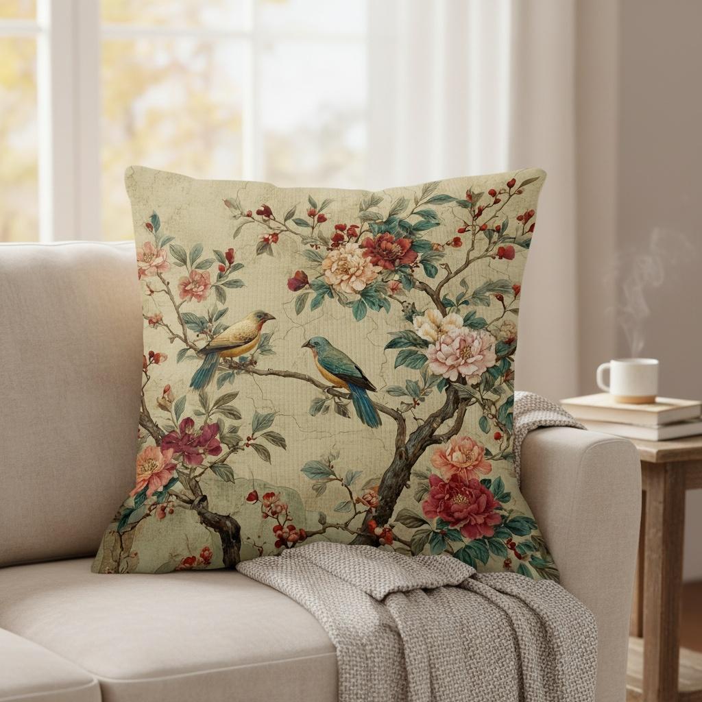 Vintage Chinoiserie Bird And Flower Throw Pillow Cover, Retro Botanical Floral Print Decorative Cushion For Bedroom Sofa Couch
