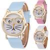 Очаровательные женские кварцевые часы с кошачьей мордочкой и кожаным ремешком, мультяшный дизайн