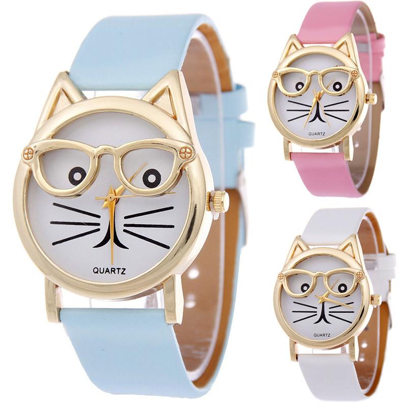 Очаровательные женские кварцевые часы с кошачьей мордочкой и кожаным ремешком, мультяшный дизайн