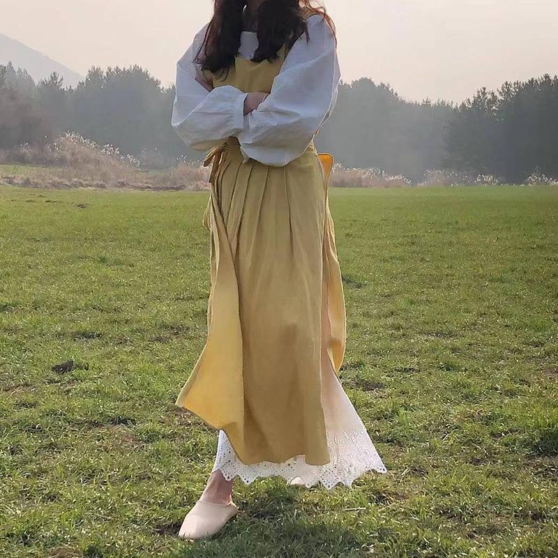 Ретро Арт Хлопок и Лен Фартук в Стиле Мори с Принтованным Логотипом