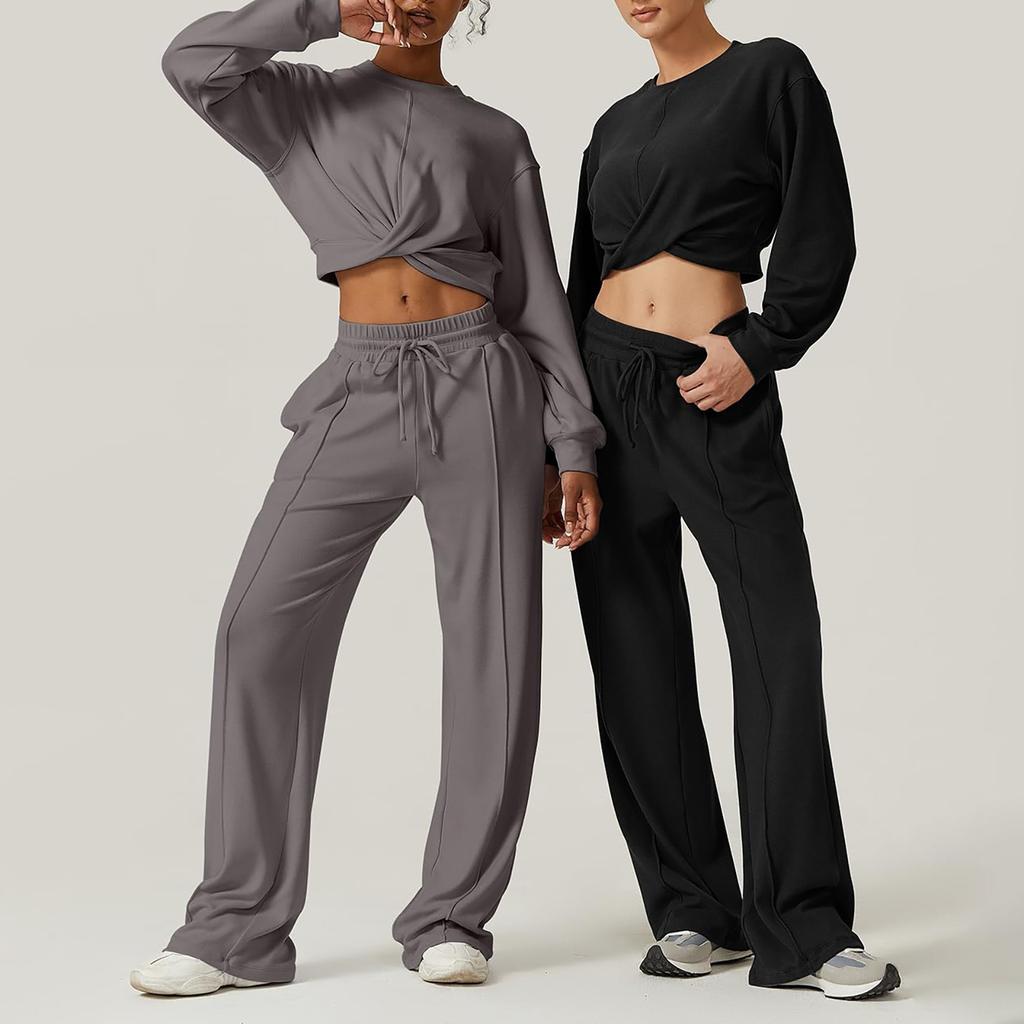 Женский комплект из 2 предметов, комплект спортивного костюма, укороченная спереди толстовка, комплект спортивных штанов с широкими штанинами