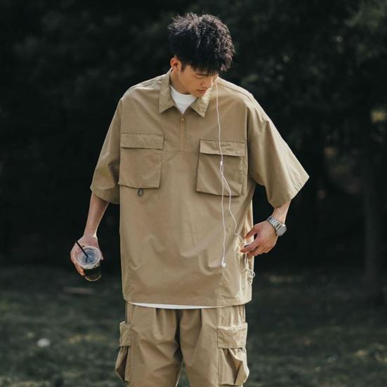 Summer Men Cargo Top Chest Pockets Solid Color Loose Zipper Plus Size Hip Hop Streetwear Plus Size Half Sleeves Half-open Turn-down Collar Mid