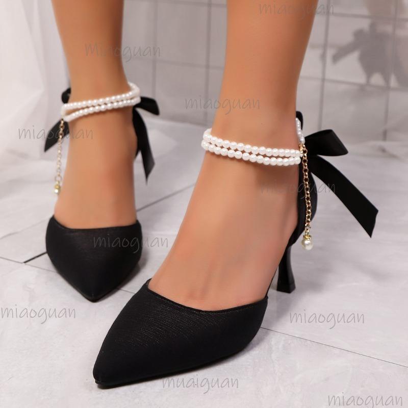 Туфли-лодочки с острым носком и ремешком на щиколотке на высоком каблуке, женские, белые, атласные, с бантом, для банкета, женские, элегантные, на шпильке