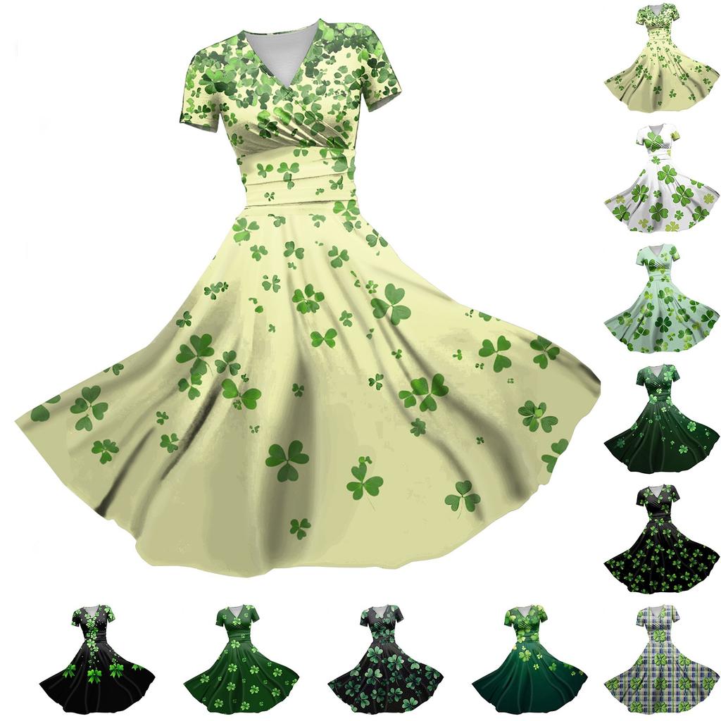 Women's V-neck St. Patrick's Day Printed Waisted Shirred Short Sleeve Dress