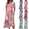 Ladies Casual Fashion Easter Print V-Neck Short Sleeve Waist Long Swing Dress
