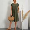Women Dress Round Neck A-line Pleated Short Sleeve Pure Color Knee Length Loose Hem Side
