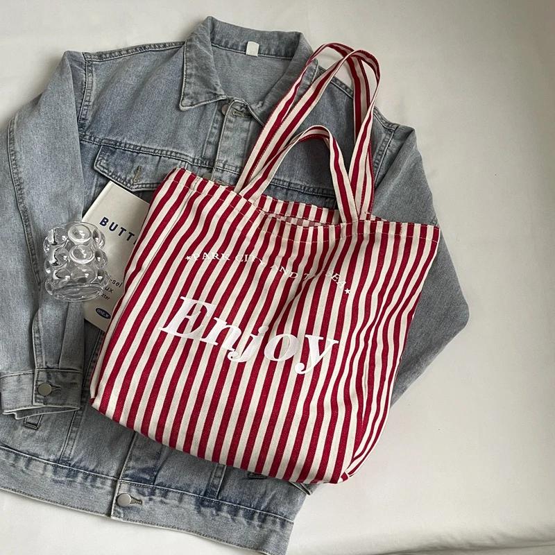 Полосатая холщовая сумка через плечо с буквенным дизайном, вместительная, повседневная, минималистичная и универсальная